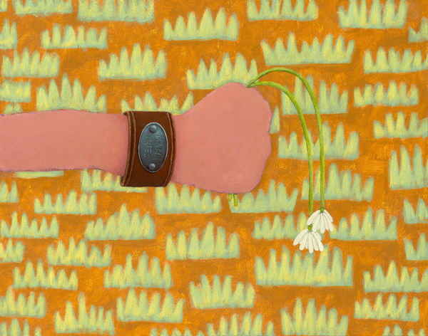 Painting of an arm and a hand holding two wilting long stem white flowers. On the wrist is a thick leather bracelet with a silver plaque that says "Mama Tried" engraved on it. The background is an orange brown with green grass