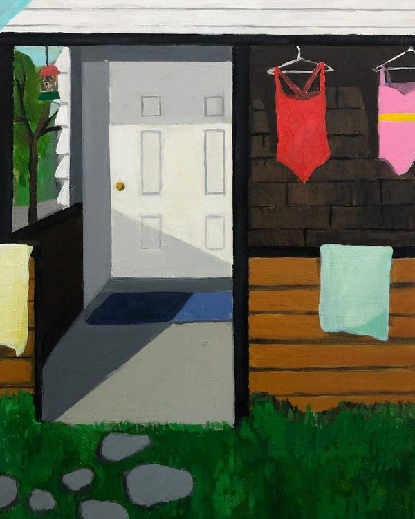 Polly Shindler painting of front door of house and bathing suits hanging outside to dry