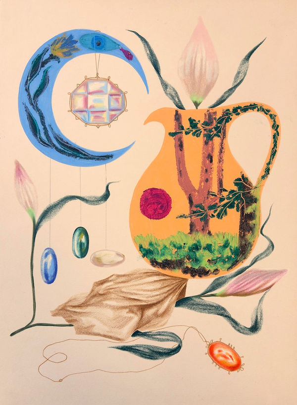 Drawing of a blue crescent moon and a yellow vase with a pink flower in it