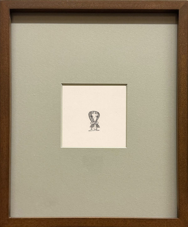Framed drawing of a little girl in a striped outfit holding her hair in her hands