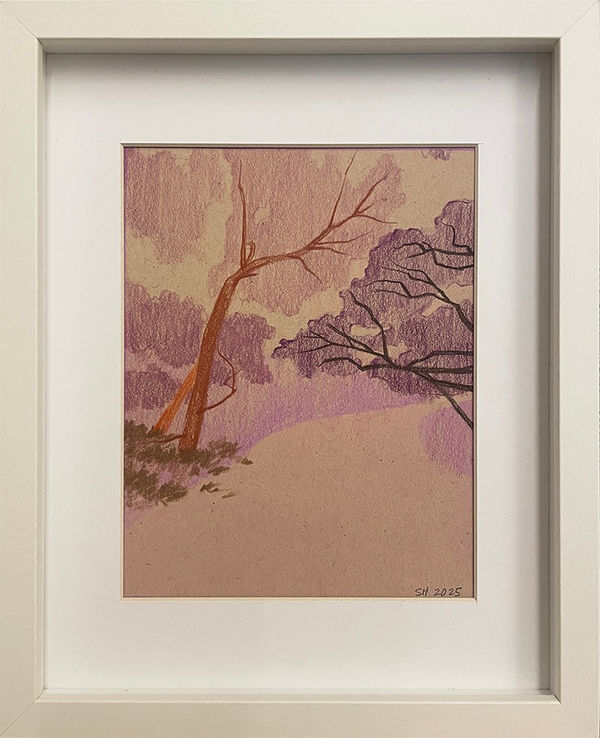 Drawing of brown tree branches surrounded by abstract purple leaves in white frame