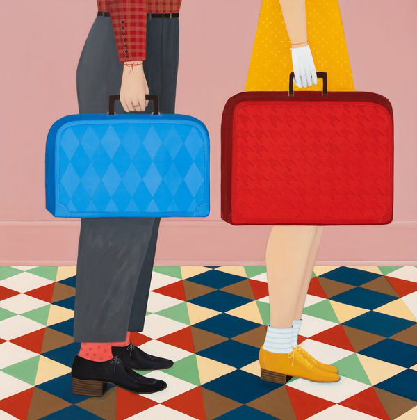 Painting of a woman in gray pants holding a blue suitcase and and a woman in a yellow dress holding a red suitcase standing on a colorful patterned floor.