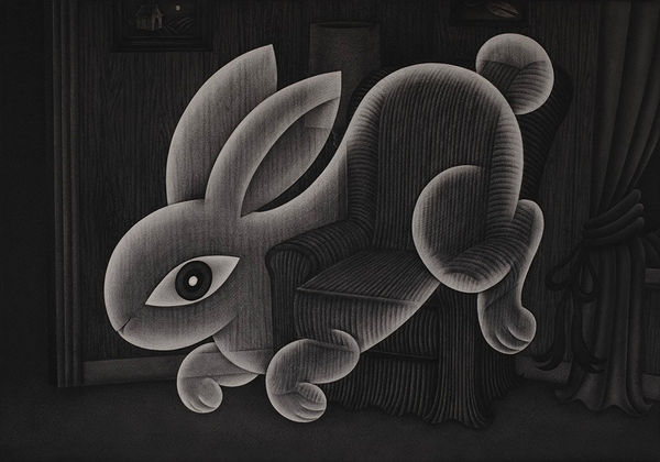 black and white painting of a ghost rabbit floating in a living room