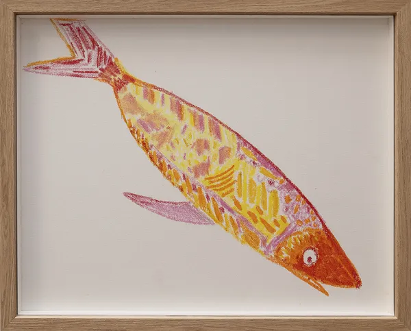 Framed drawing of an orange, yellow, and pink fish