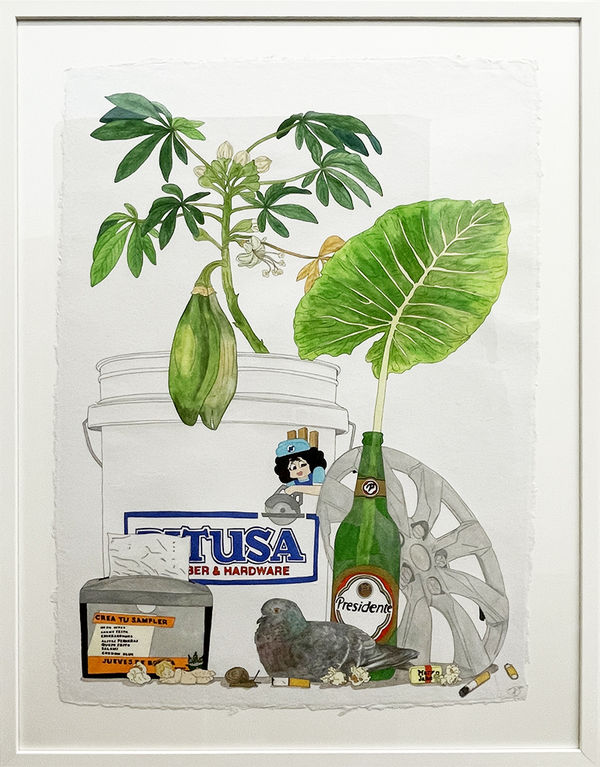 Framed painting of a white bucket and beer bottle with plants sticking out from them