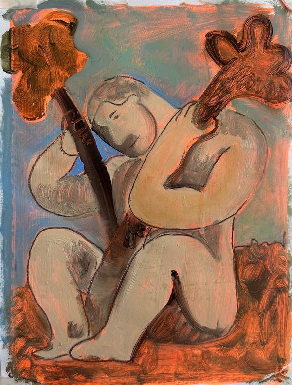 Carlos Rodriguez - painting on paper of a nude man sitting on the floor with his knees bended. He holds a branch in between him. The branch split on the top and the man placed his head in between it.