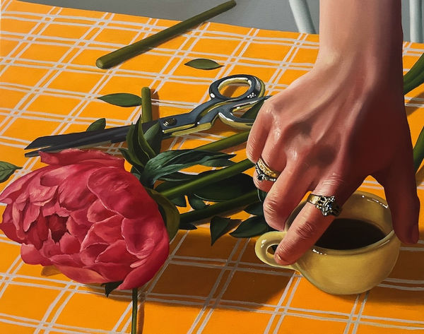 painting of a hand lightly uppoing a mug of coffee sitting on a table with an orange table cloth and flowers being cut next to it
