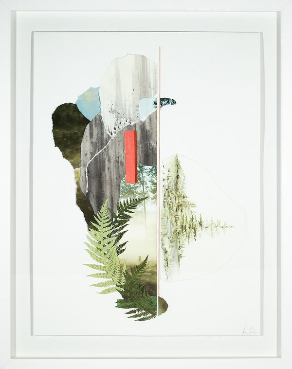 Multimedia collage of earthy elements, drawings, and paintings, in blue and green with a white frame