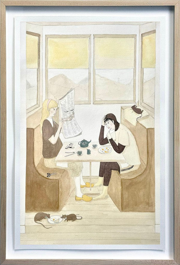 painting of two women sitting at a diner, one eating and one reading a newspaper, Around them are little rats eating or lounging.