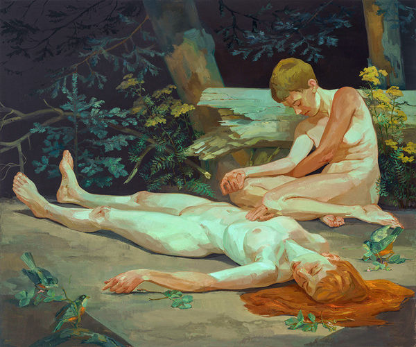 two nude girls in the first, one laying on the ground bleeding, the other seated next to her