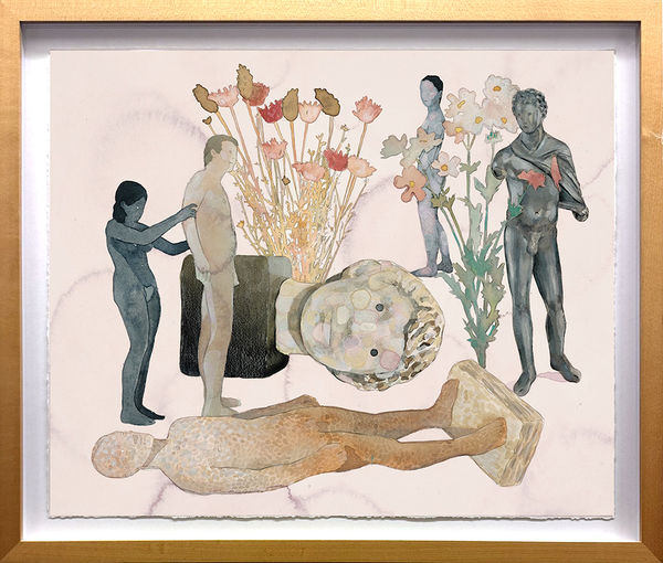 Painting on paper of stone statues, people, and flowers