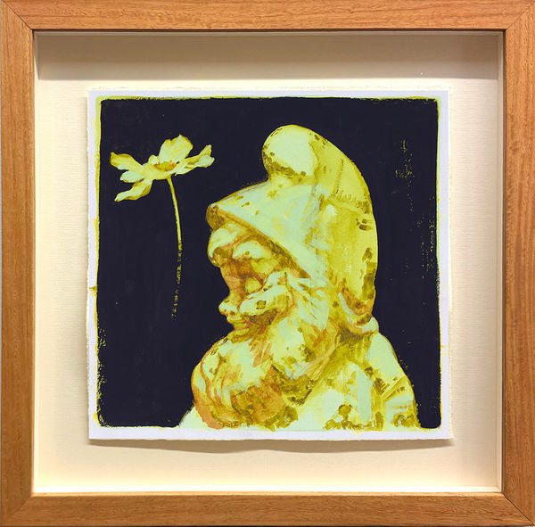 painting of a yellow toned gnome figure holding a flower on a dark background