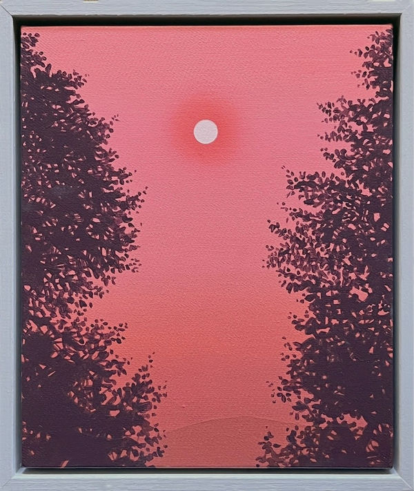painting of a pink and orange sky with a red sun and foliage by artist Robert Minervi