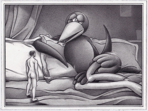graphite drawing of a lady bird laying in bed with a small man standing in front of her