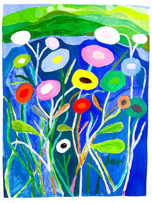 Painting of colorful flowers in front of a pond