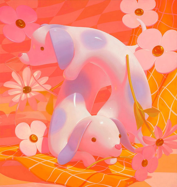 Megan Ellen MacDonald - Painting of two dogs, blue dots on white, on a yellow checker blanket in white flower bush, orange background