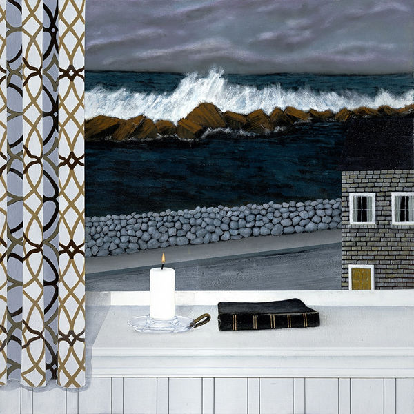 Gabe Langholtz of view outside window with candle and bible on ledge, looking out on waves crashing