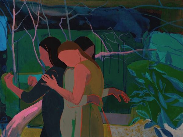 Painting of three embracing in a dark green and blue forest