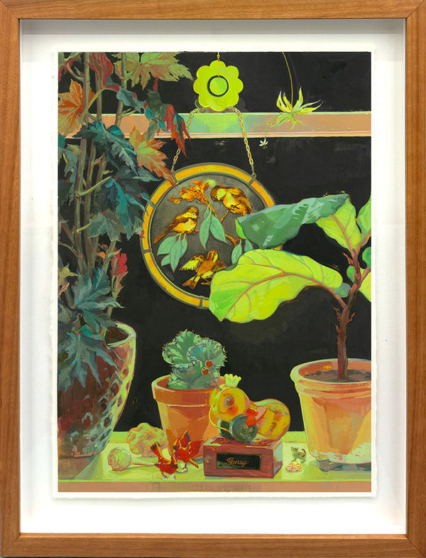 framed still life painting of a window sill with plants and birds