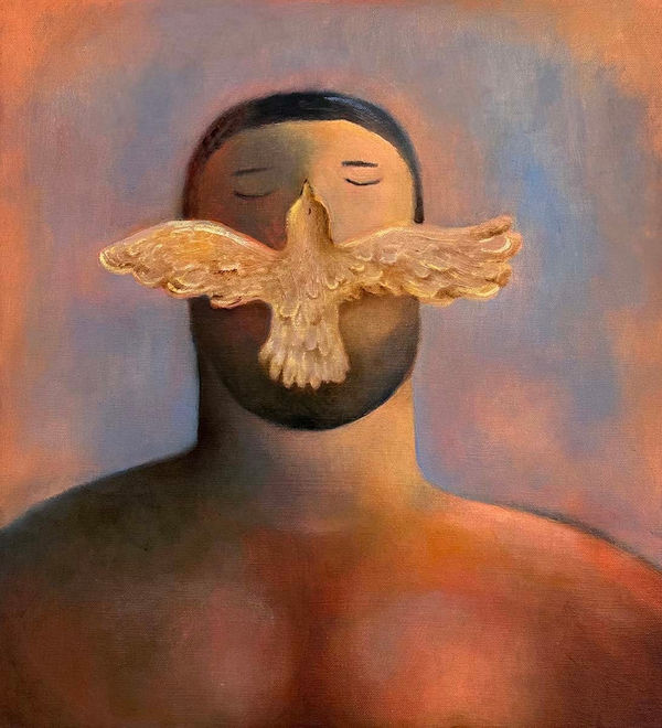 Carlos Rodriguez- painting of a man, head shot framed. A white bird flying upwards, covering up the figure's nose and mouth.