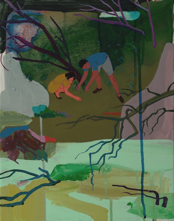 Painting of a woman and man in a forest bending over to look at grass