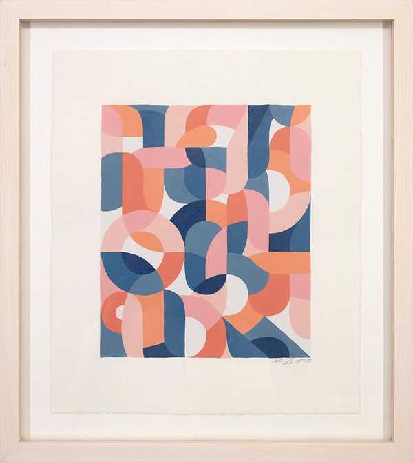 Framed work on paper depicting various multicolored curves and shapes by artist Scott Albrecht