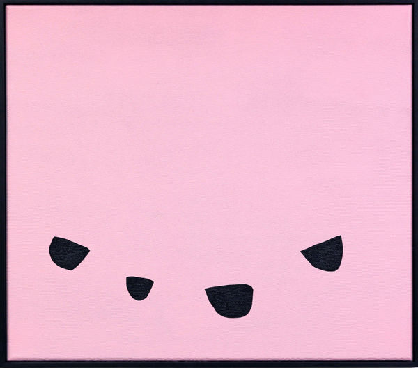 Stuart Pittman's painting if four black shapes on a pink background