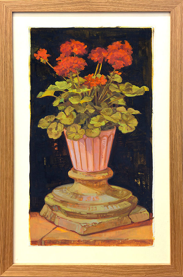 painting of a decorative pot with red leafy flowers