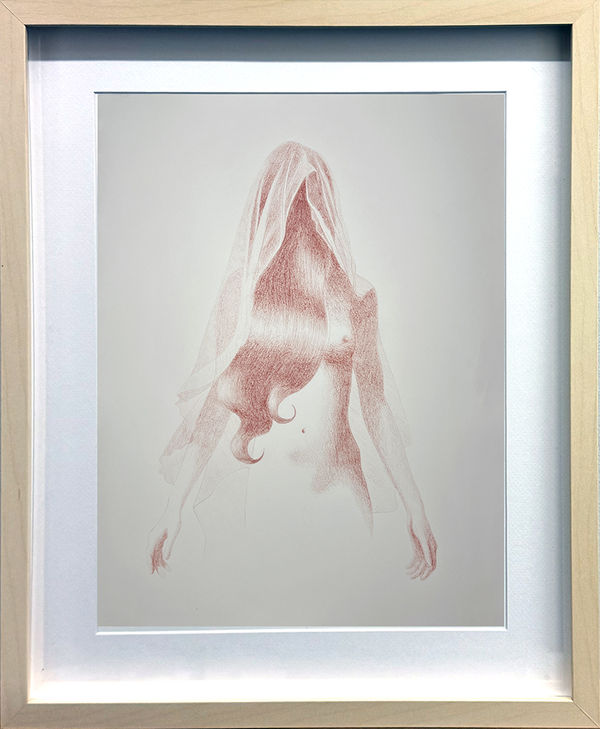 Red drawing of a nude woman with a veil on her head with her hair covering her face
