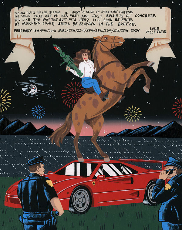 Painting of a woman riding on a bucking horse holding a gun on top of a red car with two police officers standing nearby