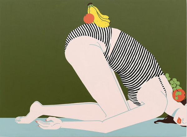 Jillian Evelyn - slumped female figure wearing stripped black and white top with fruits on her hips and back