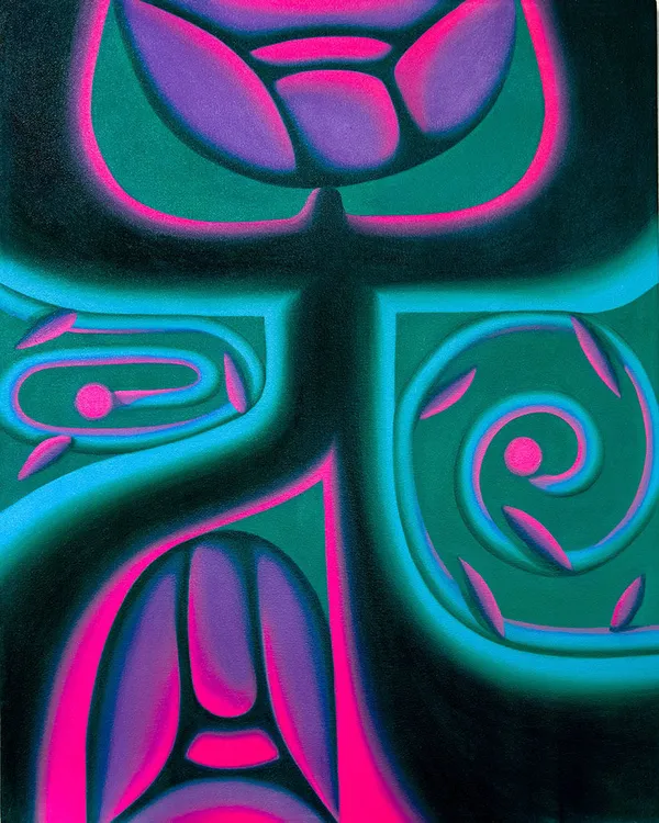 painting by Jocelyn Tsaih of a figure with a blue and pink outline with pink flowers and green and blue swirls around it