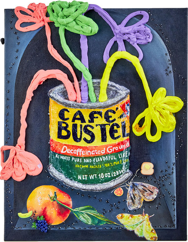 Nic Dyer mixed media painting of Cafe Bustelo container, puffy flowers inside. Moths and fruit scattered below can