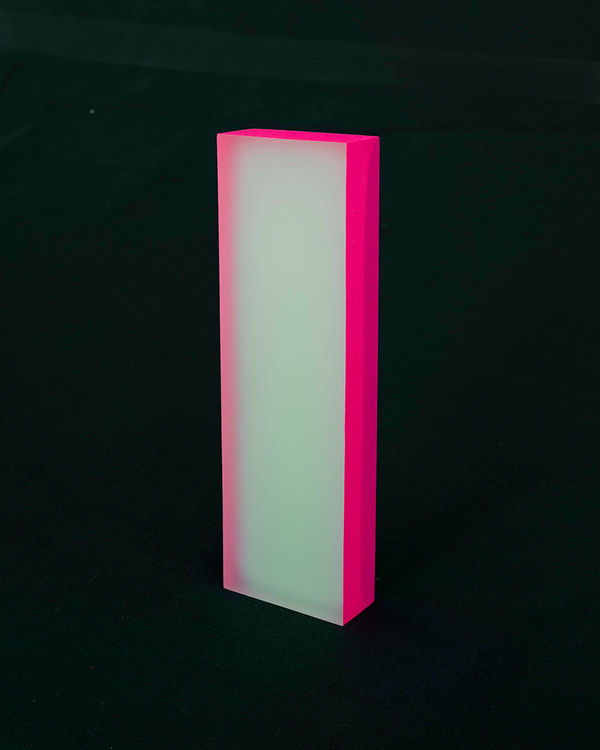 Rachel Strum - epoxy neon sculpture of vertical rectangle strip - green and hot pink.