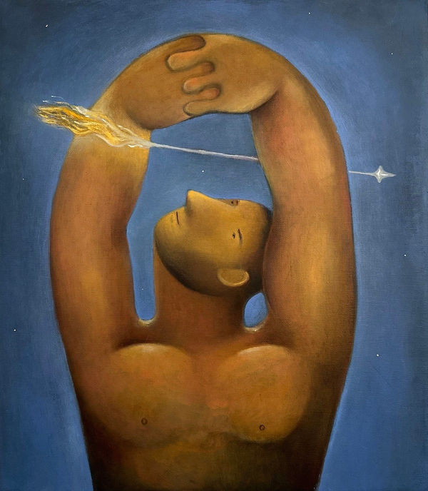 Carlos Rodriguez - painting of a nude man' upper body with his arms lifted above his head circling an arrow shooting by. His has his face tilted facing the gleam of the arrow. The background is painted in dark shade of blue.