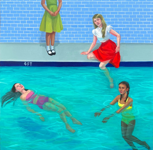 Painting of four woman by a pool with two swimming and two sitting on the side