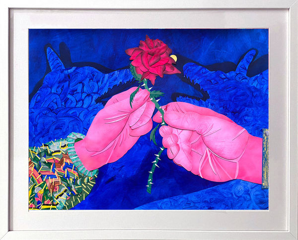 David Heo collage of two red hands holding a rose covered in thorns over a blue background