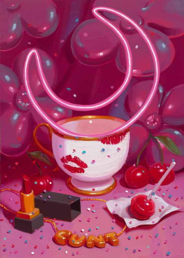 pink painting with red lipstick, a lollypop, a bracelet that says cunt, and a teacup with kisses on it and a neon pink moon in it