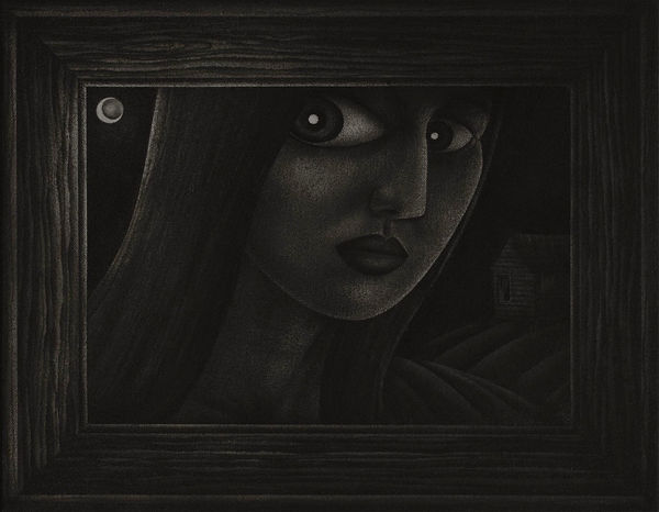 Painting in greyscale of a girl with a grey scale painted wooden frame