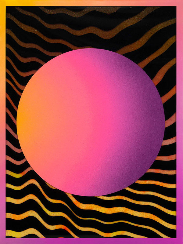 Rachel Strum - paint and resin piece, abstract gradient shapes in yellow, orange, pink and black with a gradient frame.