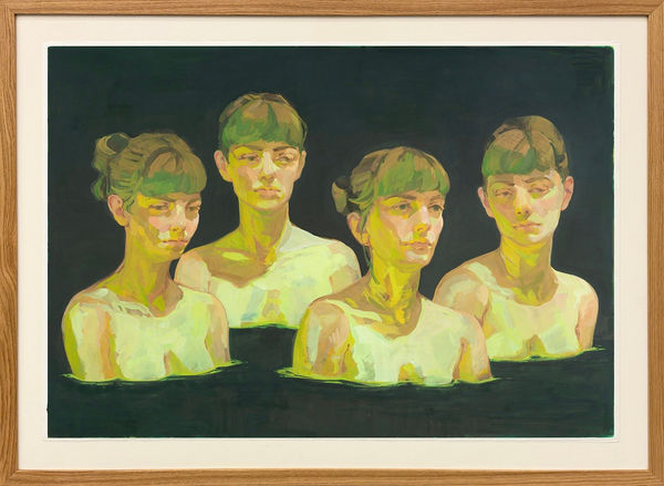 framed artwork of four women in dark water up to their breasts