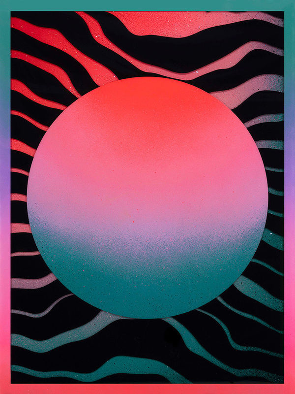 Rachel Strum - paint and resin piece, abstract gradient shapes in pink, Turkish green and black with a gradient frame