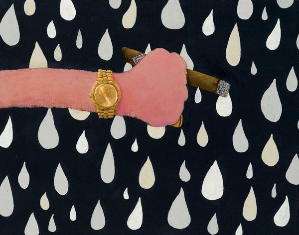 Painting of an arm and a hand holding a lit cigar. The arm had a gold wrist watch on it. The background is black with gray teardrops.