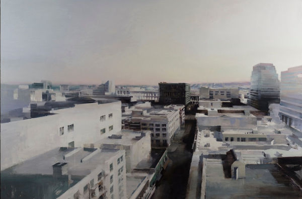 painting of a cityscape view from the roof of another building - Gray tones