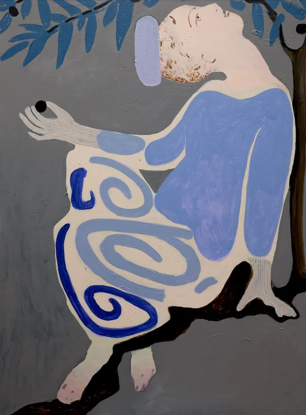 Painting of a woman in a blue outfit and hat sitting on the ground holding a walnut while looking up at a tree