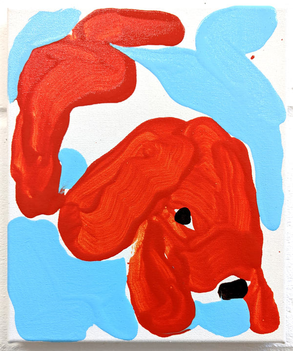 David Surman - sky blue background and red dog in the front, painted with thick but loose brushstrokes