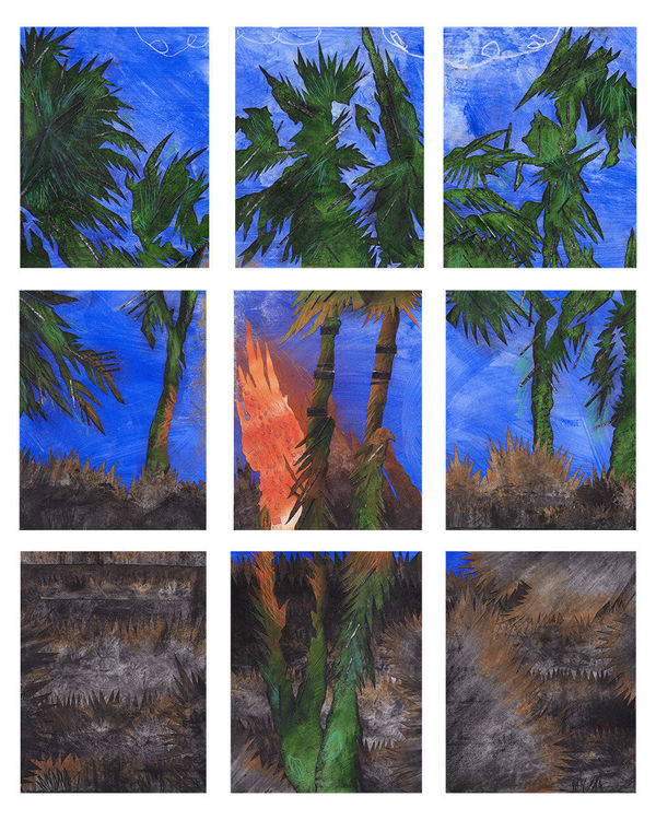 collage of nine pieces depicting a night scene of palmtrees