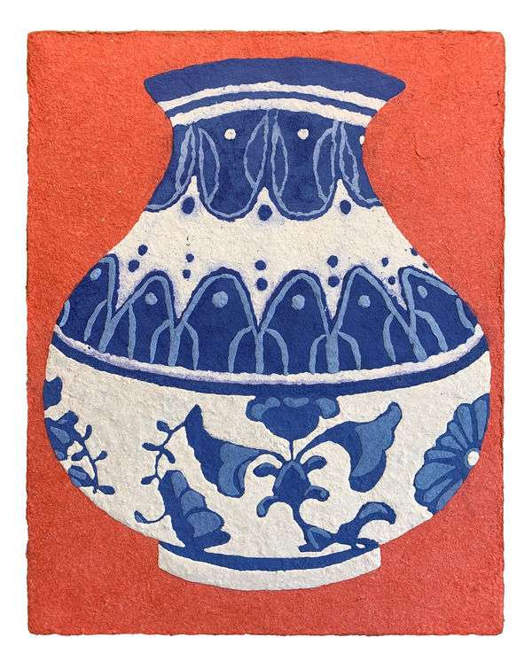 a painting of a blue and white vase with an orange background