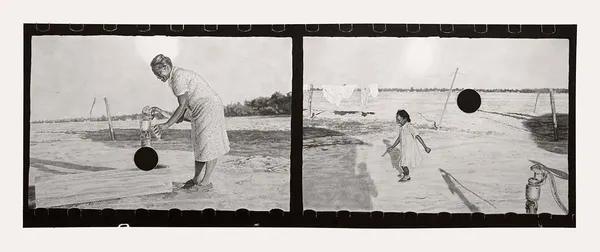 black and white drawing of a women collecting well water with a child behind her
