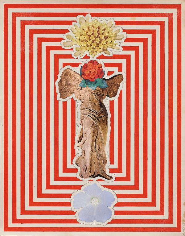 Matthew Craven's collage style piece of a ancient figure with flowers for the background